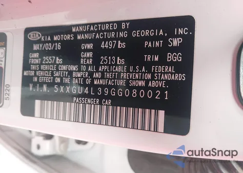 2016 Kia Optima Ex z USA, uszkodzony, nr VIN 5XXGU4L39GG080021